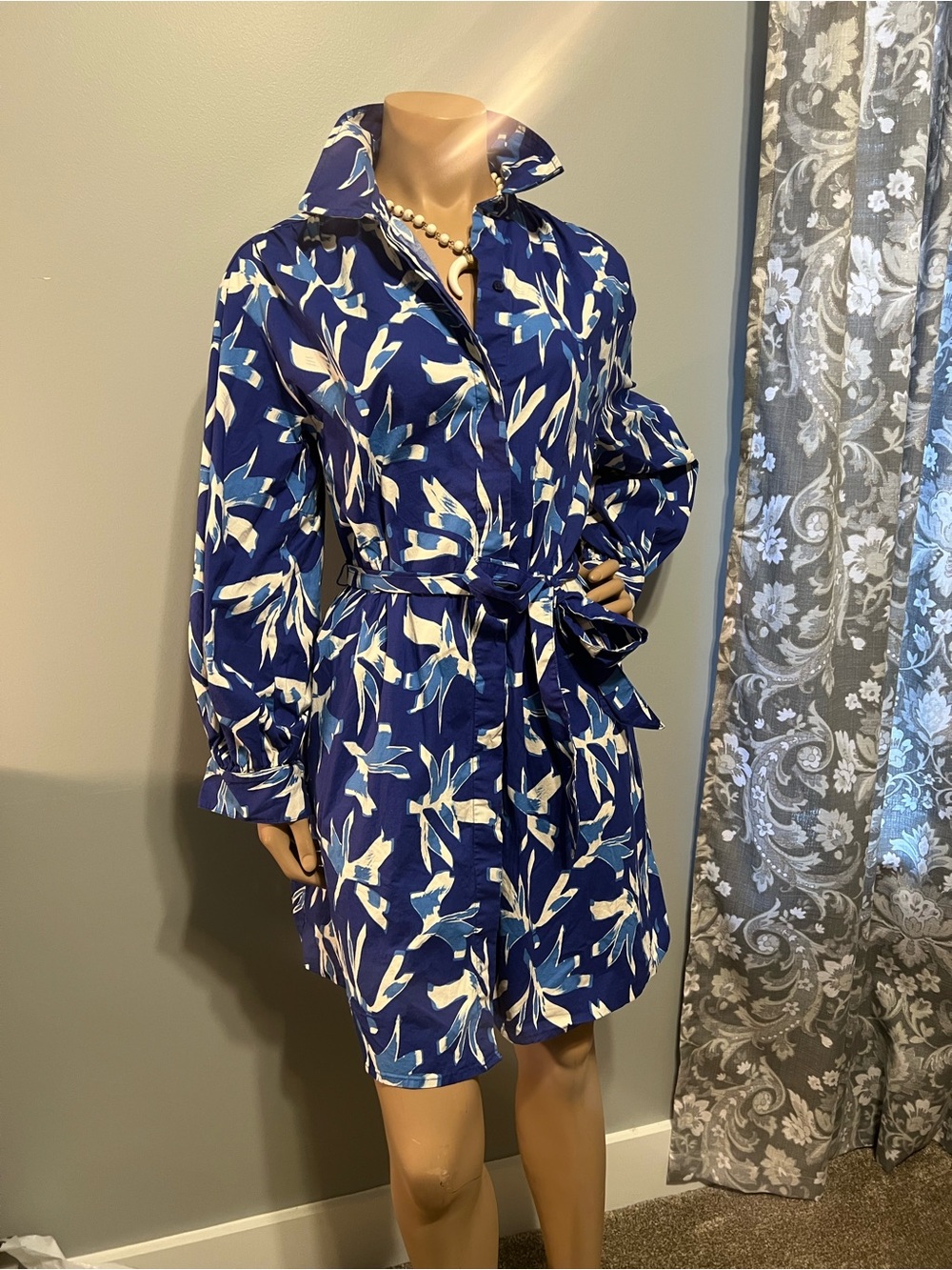 SCOOP Blue White Floral Tie-Waist Shirt Dress